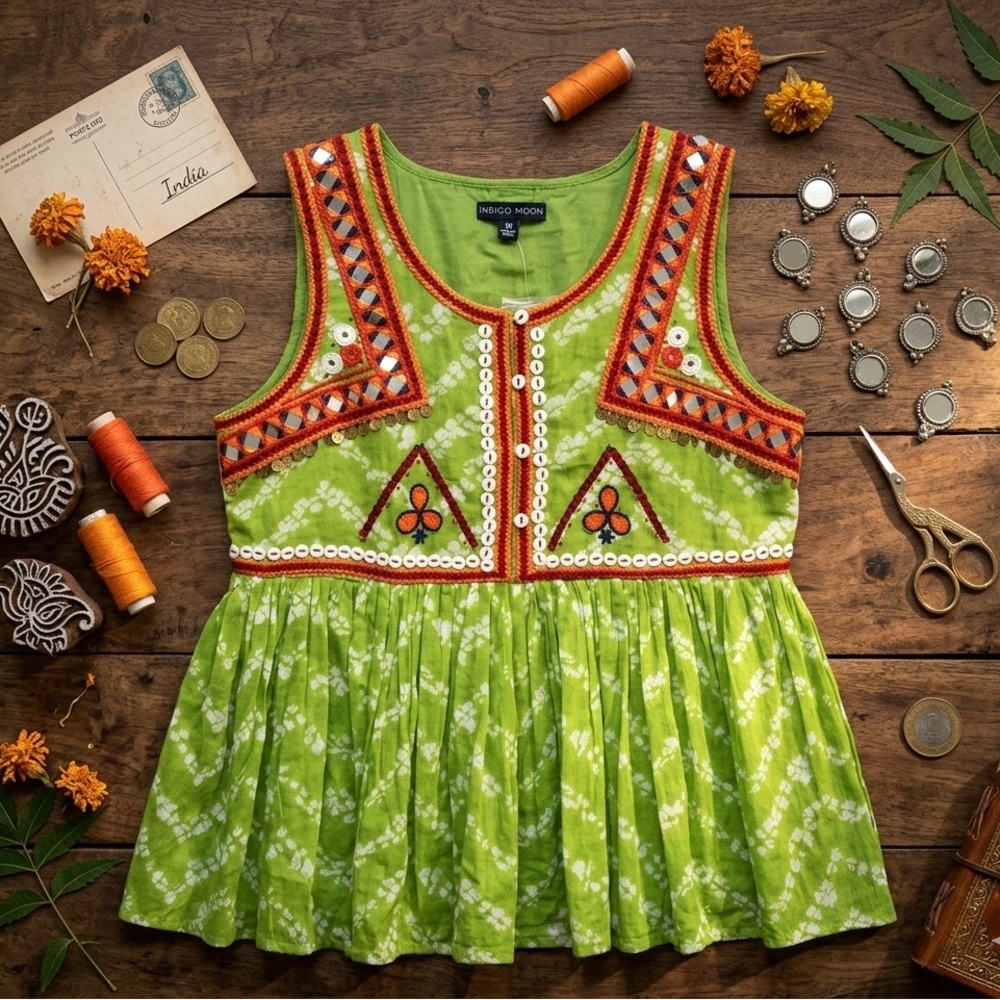 Indigo Moon Boho Embroidered Babydoll Tank Top Green Floral NWT Medium